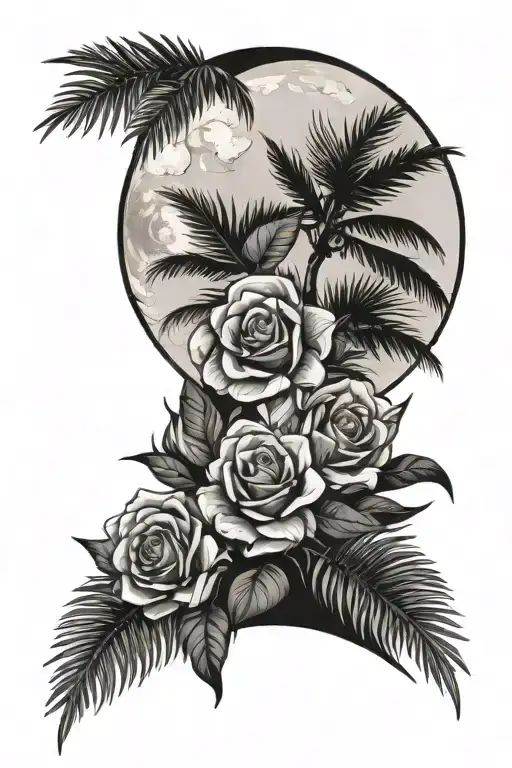palm tree branch, pine branch, moon with phases, roses, clouds, abstraction, far east tattoo design idea