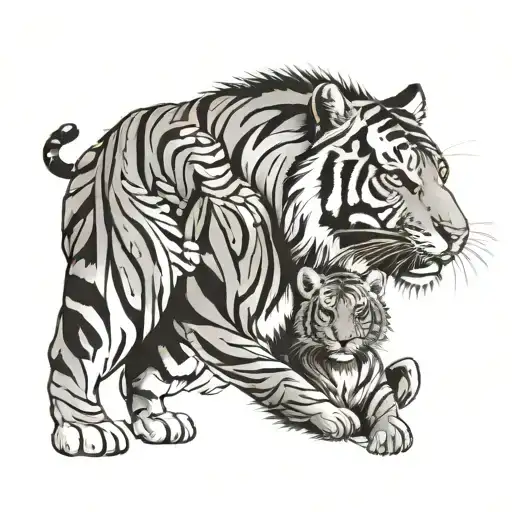 Incorporate elements of fatherhood, such as a father and child silhouette, with a tiger representing strength and protection tattoo design idea