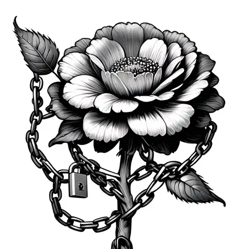 flower stem with chains surrounding the stem, chains held by a small padlock tattoo design idea