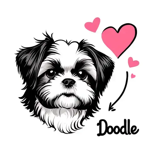 A single continuous line minimalist tattoo design featuring a Shih Tzu dog’s face, a  heart symbol, and the name ‘Doodle tattoo design idea