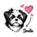 A single continuous line minimalist tattoo design featuring a Shih Tzu dog’s face, a  heart symbol, and the name ‘Doodle tattoo design idea