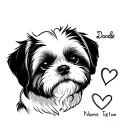 A single continuous line minimalist tattoo design featuring a Shih Tzu dog’s face, a  heart symbol, and the name ‘Doodle tattoo design idea