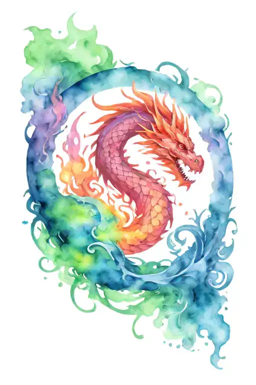 watercolor dragon with a fire flames tattoo design idea
