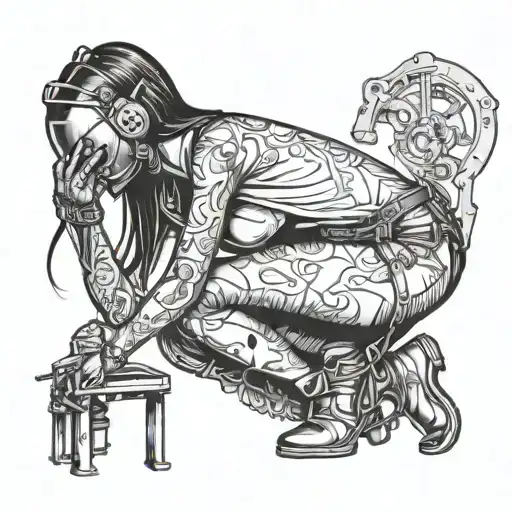 sexy female body with welder mask on, she's barely wearing anything, and she's bent over on her knees welding  tattoo design idea