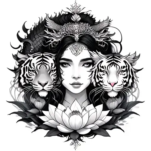 VIRGO WOMAN ARAWAK SYMBOLS, TIGER AND DRAGON WITH LOTUS FLOWERS tattoo design idea