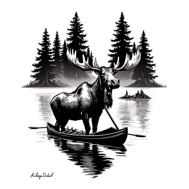 moose, river, canoe, dad memorial, minimalist with signature, smaller, symbols tattoo design idea