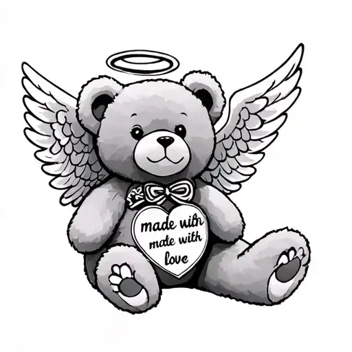 I want a teddy bear with angel wings and a halo that says “made with love” tattoo design idea