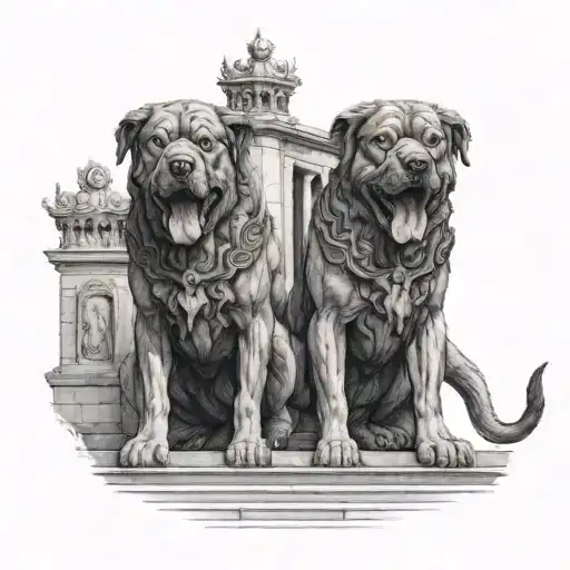 Black and white Greek Cerberus with Staffordshire heads  standing in front of the gates of hell on stairs near water tattoo design idea