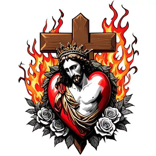 red heart with jesus on a brown cross surrounded by roses and fire and a crown of thorns  tattoo design idea