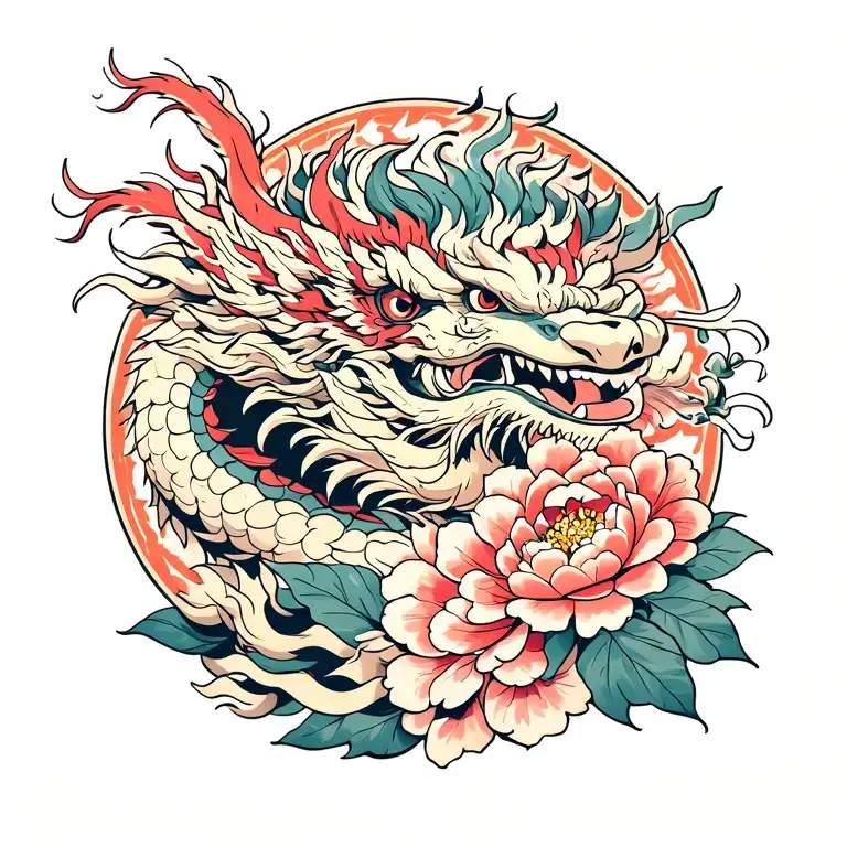 Japanese-style tattoo decal design, back piece. Featuring the elements: TENGU, JAPANESE DRAGON, PEONIES, KOMAINU IN AN I tattoo design idea