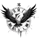 phoenix surrounded by roman numeral clock thats broken, and between the wings is greek ruins, and japanese characters tattoo design idea