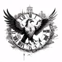 phoenix surrounded by roman numeral clock thats broken, and between the wings is greek ruins, and japanese characters tattoo design idea