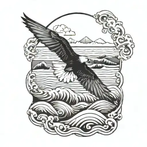 Red tail tropic bird over sea waves and a volcanic island in the background tattoo design idea