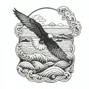Red tail tropic bird over sea waves and a volcanic island in the background tattoo design idea