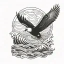 Red tail tropic bird over sea waves and a volcanic island in the background tattoo design idea