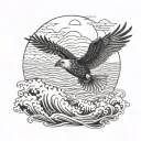 Red tail tropic bird over sea waves and a volcanic island in the background tattoo design idea