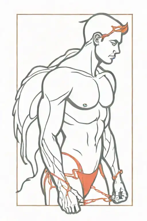 Muscular angel in red thong hindered by red chains on the wall tattoo design idea