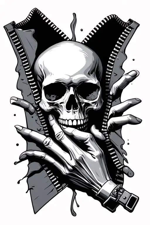 skull with and hand coming out of a zipper opening tattoo design idea