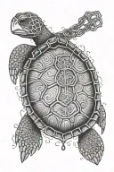 turtle shell with human arms and legs  chains. In the center of the shell there is a keyhole and in the tail he has a key  tattoo design idea
