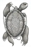 turtle shell with human arms and legs  chains. In the center of the shell there is a keyhole and in the tail he has a key  tattoo design idea
