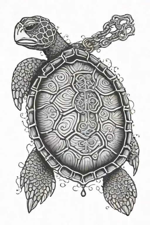 turtle shell with human arms and legs  chains. In the center of the shell there is a keyhole and in the tail he has a key  tattoo design idea