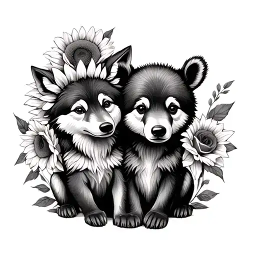 baby wolf and baby bear sitting with sunflowers and roses  tattoo design idea