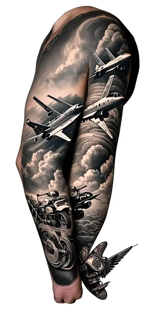 A full arm sleeve with a B-1, B-52, F-16 and a Harley Davidson motorcycle  tattoo design idea