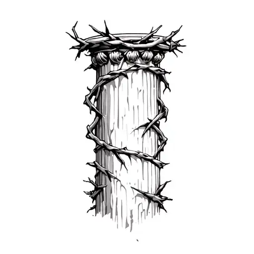 "Put a natural flowing banner " Tall worn Roman column, slightly cracked, vertical orientation, crown of thorns wrapped around naturally tattoo design idea