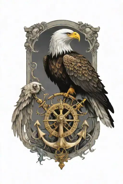 eagle skeleton, map and anchor tattoo design idea