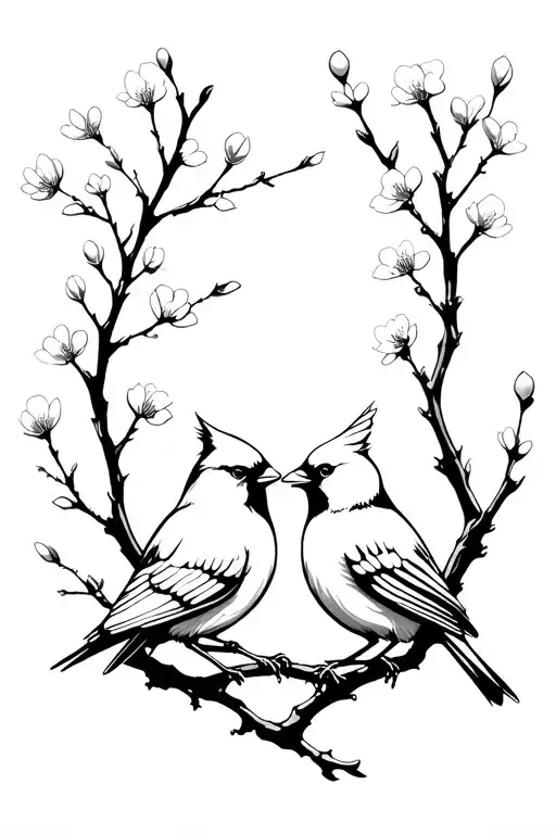A male cardinal and a female cardinal looking at each other sitting on one cherry blossom branch tattoo design idea