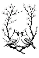 A male cardinal and a female cardinal looking at each other sitting on one cherry blossom branch tattoo design idea