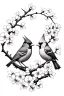 A male cardinal and a female cardinal looking at each other sitting on one cherry blossom branch tattoo design idea