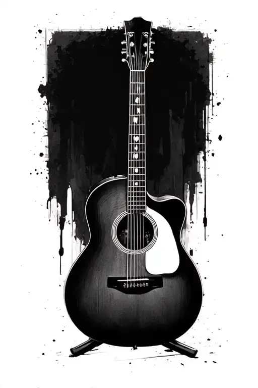 black and white acoustic guitar tattoo design idea