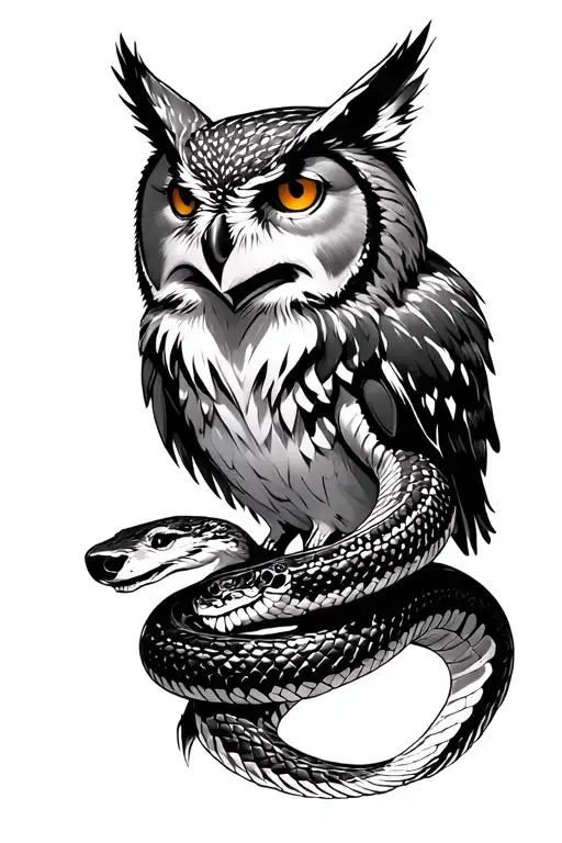 wolf owl and snake facing forward tattoo design idea