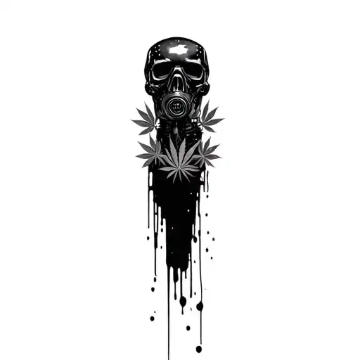 composition,black robot skull with gas mask,marijuana leaves in the background,dripping blood tattoo design idea