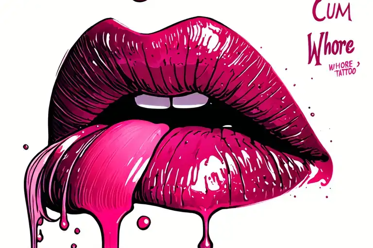 "Cum Whore" lips and tongue dripping  tattoo design idea