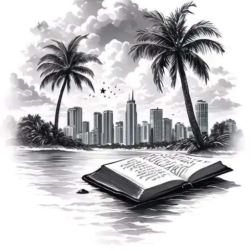 Miami skyline, beach, and palm trees with scripture and god aswell as clouds and bible  tattoo design idea