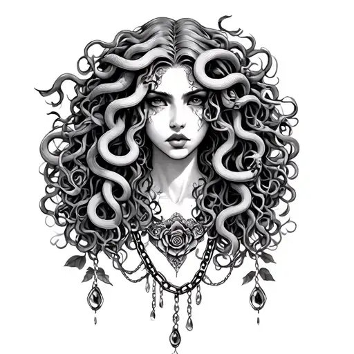 Medusa head, long curly hair, snakes coming from her hair, chains and jewels hanging from below her head, rose vines  tattoo design idea