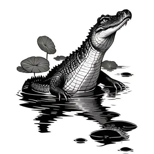 Crocodile swimming through lily pads gazing tattoo design idea