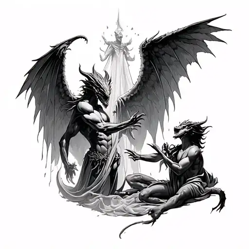 Demon vs Angel with the Dragon over looking them on the otherside of the veil trying to claw his way out. tattoo design idea