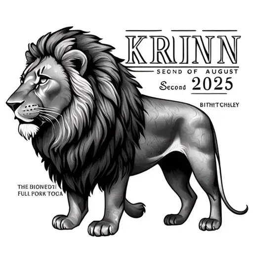 the name Krijn written underneath a full body realistic lion and his birthdate the second of August 2025 tattoo design idea