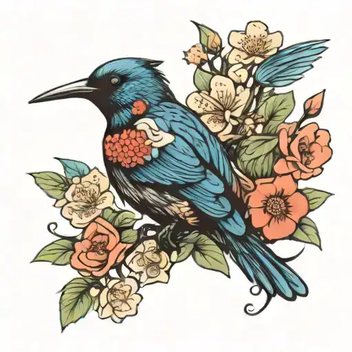 tui bird with flowers in Japanese style tattoo design idea