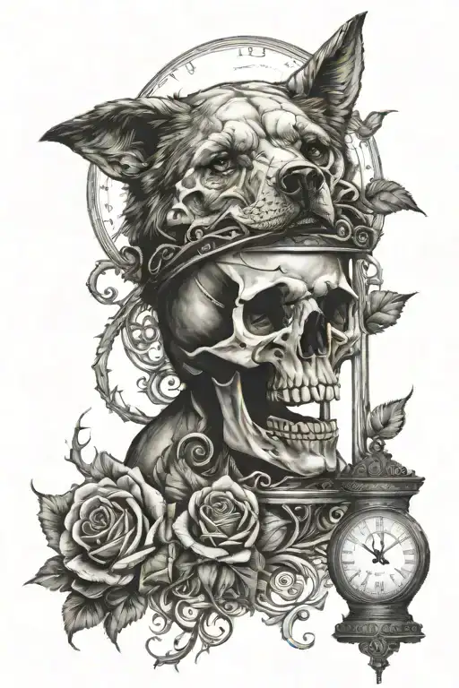 skull and roses wrapped hourglass wolf howling at the moon tattoo design idea