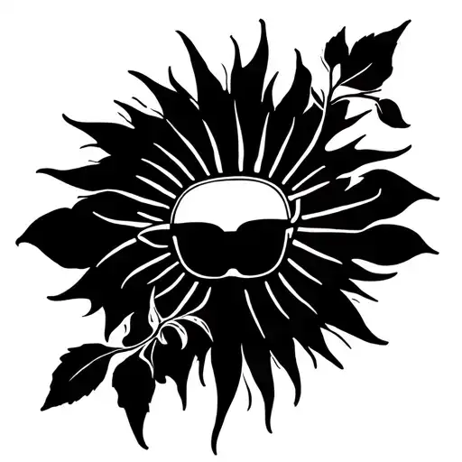 fine line sun casting rays onto a delicate vine with sunglasses tattoo design idea