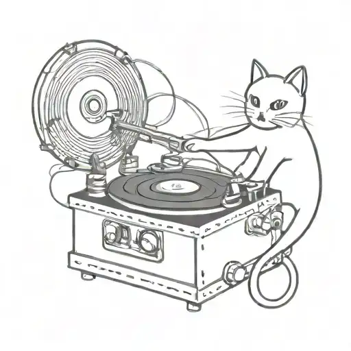 record player and a black cat sitting tattoo design idea