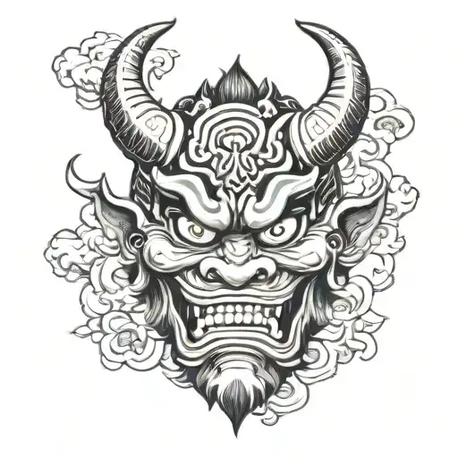 Oni mask, Japanese culture, age style tattoo design idea