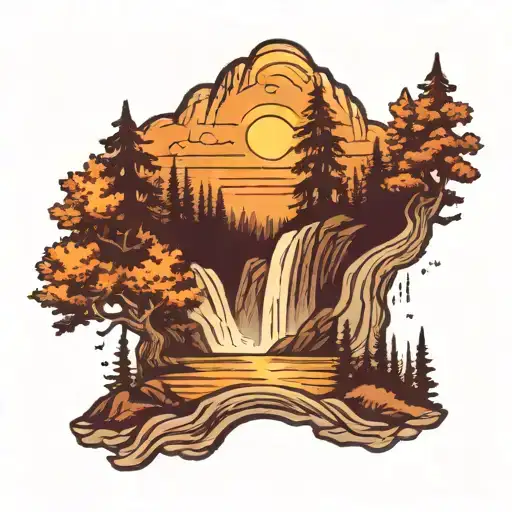 waterfall forest mountain sunrise tattoo design idea