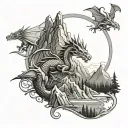 mountains trees dragons tattoo design idea
