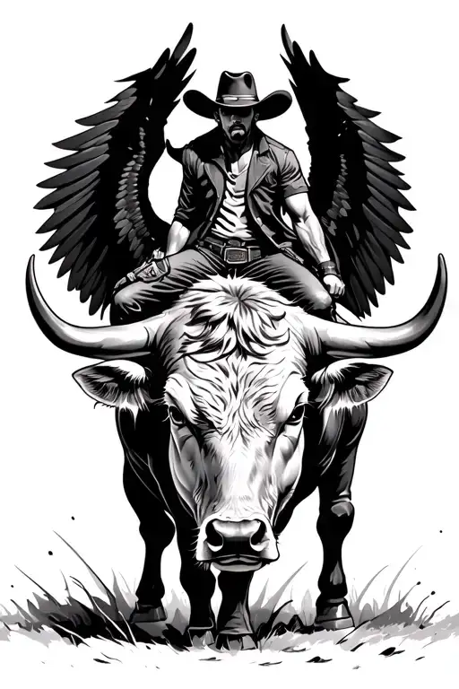cowboy on bull with black wings tattoo design idea