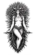 sexy freya norse goddes connecting on tree growing, body is made parth of tree tattoo design idea